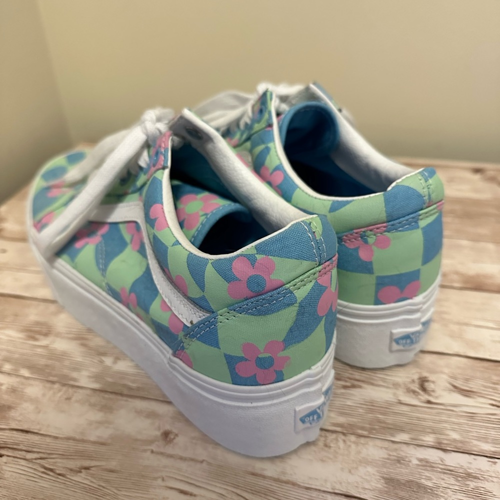 Vans Old Skool Stackform blue/green checker daisy women’s size 10 y2K 90s disco